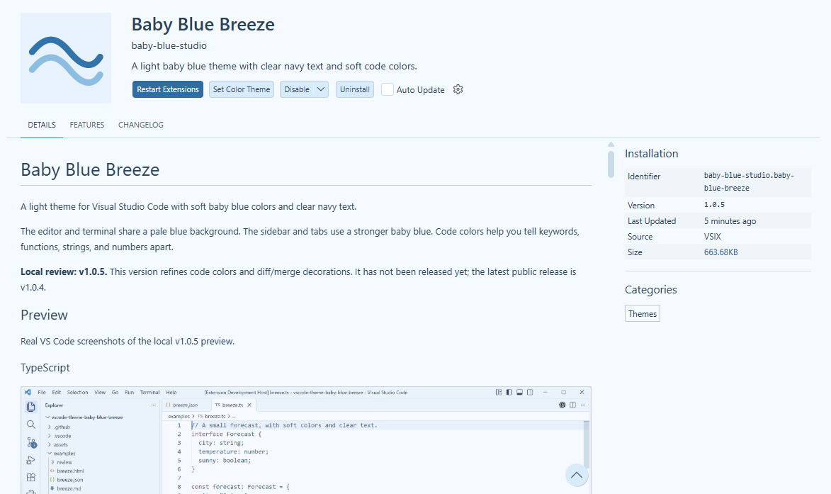 Baby Blue Breeze extension details open in VS Code, showing its soft blue theme and preview.